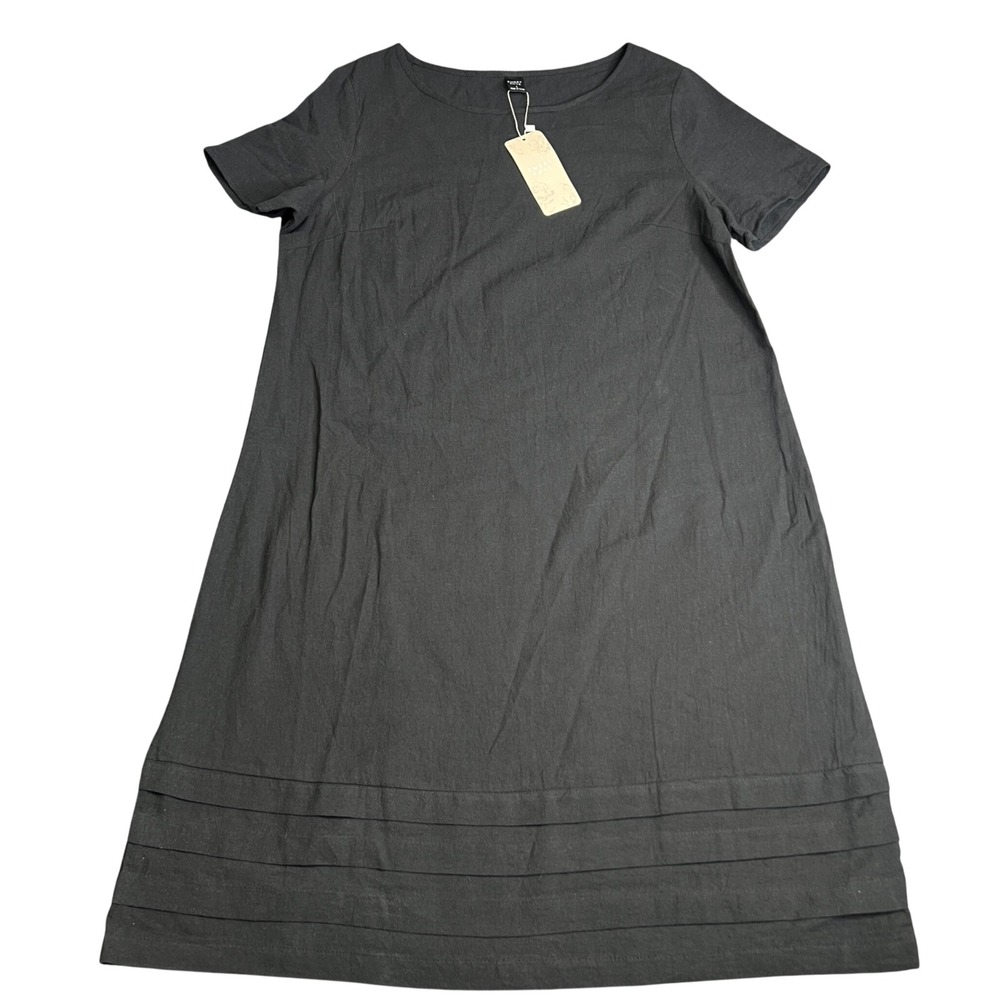 Emery Rose Black 100% Cotton Short Sleeve Pintuck Hem A-Line Dress Large NWT